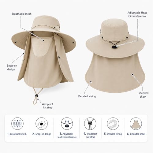 Sun Hat Unisex Face Coverage Shield Neck Flap Cap Garden Lawn Work Sports Hiking Fishing Hats - color: Kcl015-beige