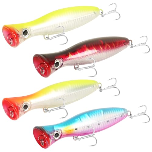 Large Top Water Popper Lure: 2pcs 3D Eyes Tuna Popper Saltwater Fishing Lures for Surf Fishing Gt Tuna Kingfish Large Predator Fish - color: 4pcs Multicolor 1