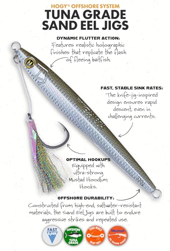 Hogy Big-Game Sand EEL Jig - Tuna Fishing Lure Knife-Style Deep Water Jig | Knife-style deep water jig with heavy-duty assist hooks for Tuna, Striped Bass, Groundfish & saltwater fishing. - color: Olive, size: 10/0 - 12oz