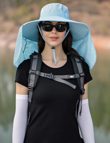 HUAMULAN Women Large Brim Sun Hat with Neck Flap, Men Quick Dry Hiking Fishing Safari Hat UPF 50+ - color: Blue With Mesh Panel