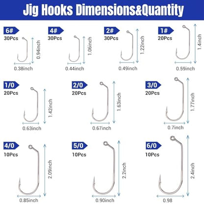200Pcs 60 Degrees Round Bent Jig Hooks for Molds | Fly Tying Freshwater, For Bass Trout Crappie, 10 Sizes Assorted, 6# 4# 2# 1# 1/0 2/0 3/0 4/0 5/0 6/0