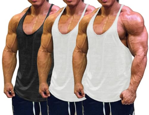 Muscle Cmdr Men's Bodybuilding Stringer Tank Tops Y-Back Gym Fitness Workout Training Running T-Shirts Athletic Quick Dry Top - color: 2*white&1*black, size: Small