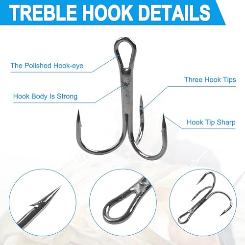 Fishing Treble Hooks Kit,190pcs High Carbon Steel Strong Sharp Treble Hooks Round Bend with Split Rings Triple Hook for Lures Baits Saltwater Freshwater Fishing Gear - color: Black Mixed