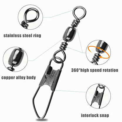 AGOOL Barrel Swivel Snap Kit - 50pcs Barrel Swivels with Safety Snaps High Strength Fishing Quick Connect Snap Swivels with Solid Ring Fishing Tackle Accessories Box Kit Size 4#,6#,8#,10#,12#,14# - color: 50pcs-black&gold