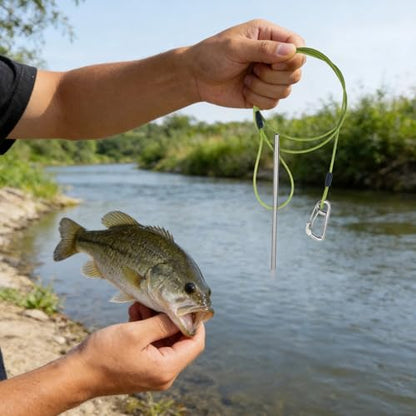 Stainless Steel Fish Holder with Safety Buckle, 31.5 in Green Rope, 7.9 in Needle and Needle Cap, Stringer for Kayak Fishing
