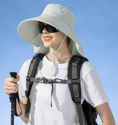 HUAMULAN Men Summer Sun Hat Women Safari Wide Brim Fishing Hats UV Protection Neck Flap Bucket Gardening Hiking Hunting Cap - color: Bg8112-lightgreen
