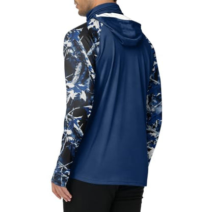 Men's UPF 50+ UV Protection Fishing Shirt with Face Mask Long Sleeve Quick Dry Breathable Sun Hoodie for Beach - color: A Dark Blue, size: X-Large