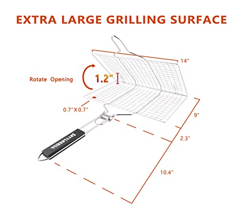 Foldable BBQ Fish Grill Basket with 430 Stainless Steel, Grill Set Includes: a Reusable Grill mat and a basting Brush.