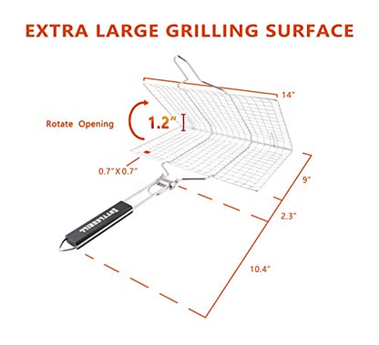 Foldable BBQ Fish Grill Basket with 430 Stainless Steel, Grill Set Includes: a Reusable Grill mat and a basting Brush.