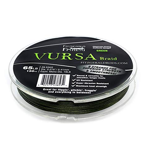 Fitzgerald Vursa Braided Green Professional Graded Power Fishing Line 150/300/1500 Yd, Smooth 8 Strands, Extremely Thin, Heavy Duty, Superior Knot Strength, Longer Casting, Fade Resistant, 10-80 Lb - size: 150yd