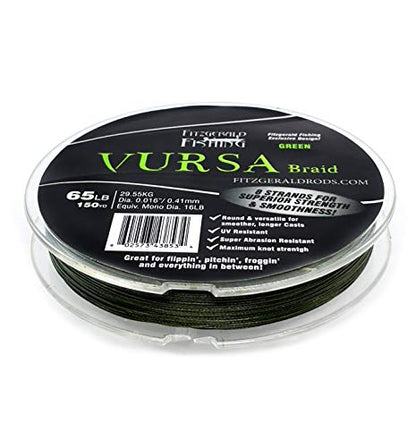 Fitzgerald Vursa Braided Green Professional Graded Power Fishing Line 150/300/1500 Yd, Smooth 8 Strands, Extremely Thin, Heavy Duty, Superior Knot Strength, Longer Casting, Fade Resistant, 10-80 Lb - size: 300yd