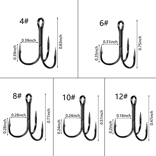 Fishing Treble Hooks Assortment, Sharp Brabed Triple Fishing Hooks Set High Carbon Steel Round Bend for Trout Catfish Lures Freshwater Saltwater, Assorted Size 4 6 8 10 12 - style: 150pcs Black Treble Hooks Set