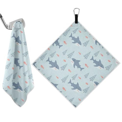 Sharks Fish Tree Blue Print Magnetic Golf Towel for Golf Bags Microfiber Golf Essentials for Men Women with Carabiner Clip Attaches to Clubs and Carts, 17.7"x17.7"
