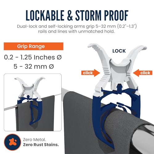 Navy Blue 6-Pack - Storm Proof & Lockable Clothespin - Large Clips fit Lines & Rails - Multi-Purpose Towel Clips for Boat Accessories, Chairs, RV, Camping, Fishing, Stroller, Balcony, Tarps - color: Navy Blue