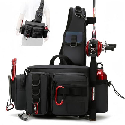 Fishing Tackle Backpack Fishing Fanny Pack Crossbody Bag Fishing Tackle Box Organizer with Rod & Gear Holder, Ideal for Fishing, Camping, Hiking and More!-YIANTU - color: Balck Colour