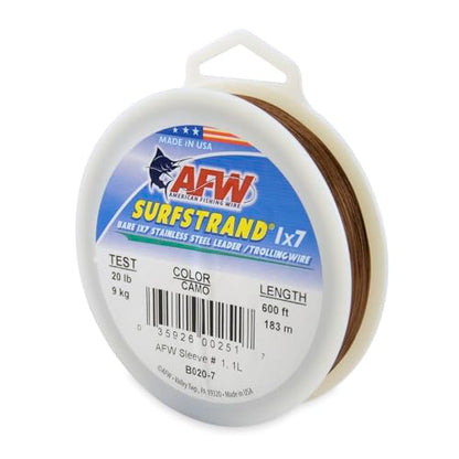 American Fishing Wire Surfstrand Bare 1x7 Stainless Steel Leader Wire - Fishing Leader Line for Saltwater, 20lb Test - 325lb Test in Bright, Camo in 30ft, 300ft, 600ft and 1,000ft Lengths - color: Camo, size: 20 lb / 600 ft