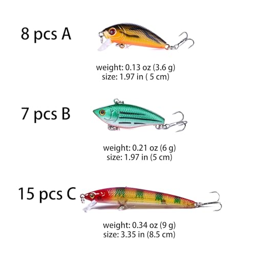 Fishing Lures Kit Mix Includes Minnow Popper Crankbait and Fish Hook for Fishing Saltwater Freshwater Trout Bass Salmon - color: 30APCS
