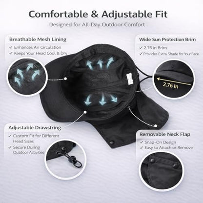 Mens L/XL/XXL Sun Hat with Removable Neck Flap UPF 50+ Fishing Hat Waterproof Quick Dry Breathable Baseball Cap for Cycling - color: Black, size: X-Large-XX-Large