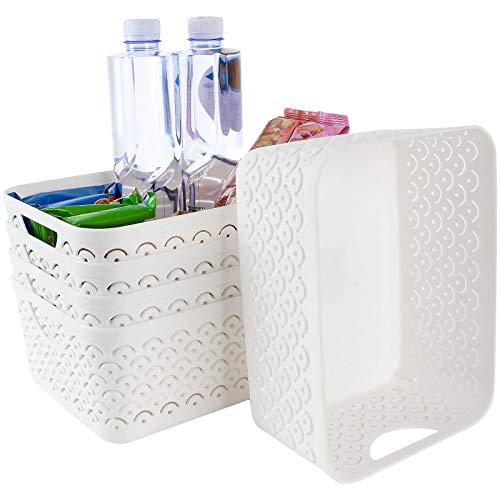 STARVAST 5 Pack Plastic Storage Baskets, Portable White Fish Scale Pattern Hollow Desktop Storage Bin Box with Handle for Kitchen, Bathroom, Kids Room or Nursery Storage – 9.4 x 7.1 x 4.1 inches - color: White