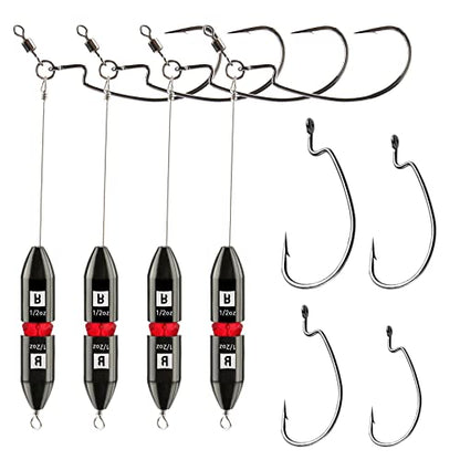 Booms Fishing TR1 Tokyo Rig, Pre Rigged Punch Shot Rig, Replaceable Hook Punchshot Kit, Bass Fishing Accessories Including Brass Bullet Weights, EWG Hooks, Barrel Swivel, Split Ring, Steel Wire, Bead - color: Black_1oz_4pack