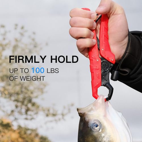 SNAIL TRAIL 7.5'' Floating Fish Gripper, Fishing Grabber | Catfish Mouth Pliers, Caught Bass Holder, Fish Scale Hook Clamp, Saltwater Lip Grip Tool with Lanyard, Gifts for Men - color: Red-black