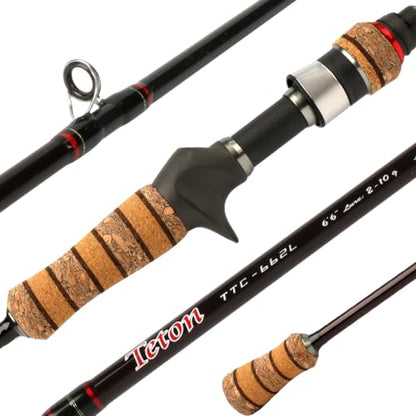 Teton 5'2"-6'6" BFS Fishing Rod Casting & Spinning, Ultra Light Rods, 40T Carbon Fiber Blank, Fuji Guides & Reel Seat, MF Fast Action, 2 Piece Travel Trout Lure Pole - size: Cast 6'6"-L-M Fast-TTC662L