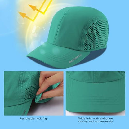 BASSDASH UPF 50+ Foldable Fishing Hat Baseball Cap with Removable Neck Flap Portable for Men Women Golf Hiking - color: Aqua Green With Unfoldable Brim