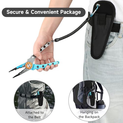 SANLIKE Aluminum Fishing Pliers Hook Remover Tungsten Carbide Braid Cutters | Tungsten Carbide Cutters Saltwater Resistant with Coiled Lanyard & Sheath - color: Light Blue