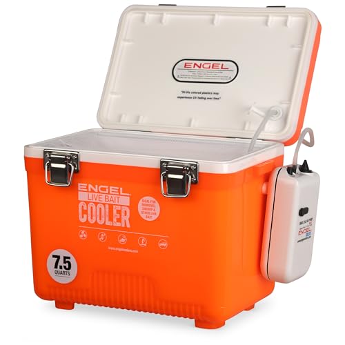 Engel Live Bait Cooler Box with 2nd Gen 2-Speed Aerator Pump - Portable Fishing Station & Minnow Bucket for Shrimp & Other Live Fish with Aerator - ENGLBC-N - color: Orange Hi-Vis, size: 7.5 Quart