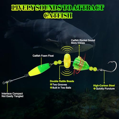 4Pcs Catfish Fishing Rigs Ready Kit, 2-in-1 Rattlesnake Sound Tube & Dual Rattling Beads, Heavy-Duty Circle Hooks, Adjustable Santee Rig Peg Float Rigs for Freshwater and Saltwater Catfishing