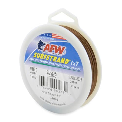 American Fishing Wire Surfstrand Bare 1x7 Stainless Steel Leader Wire - Fishing Leader Line for Saltwater, 20lb Test - 325lb Test in Bright, Camo in 30ft, 300ft, 600ft and 1,000ft Lengths - color: Camo, size: 40 lb / 300 ft