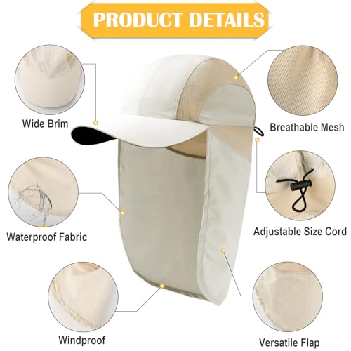 Mens Sun Hat with Breathable Mesh Sun Hats for Men Sun Protection Fishing Hat with Neck Flap for Hiking Cycling - color: Beige