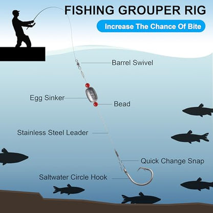 SILANON Pre-Rigged Carolina rig Saltwater Grouper Rig Egg Sinker Flounder Rigs with 10 Circle Hooks Steel Wire Leader for Catfish Snapper Flounder Halibut Redfish Surf Fishing Bottom Rig - size: Egg sinker Rig(6pcs)+Circle hooks(20pcs)