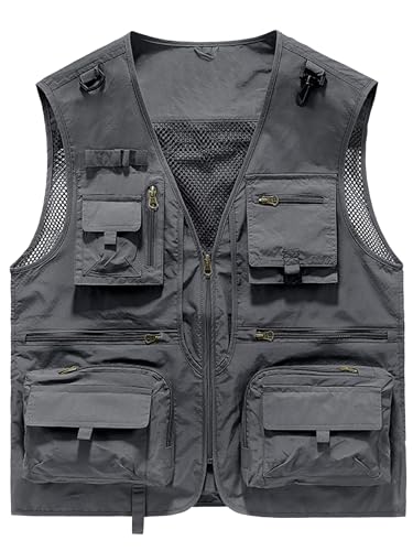 Lucrosun Men's Lightweight Outdoor Fishing Vest Utility Safari Vest with Pockets - color: Grey, size: Medium