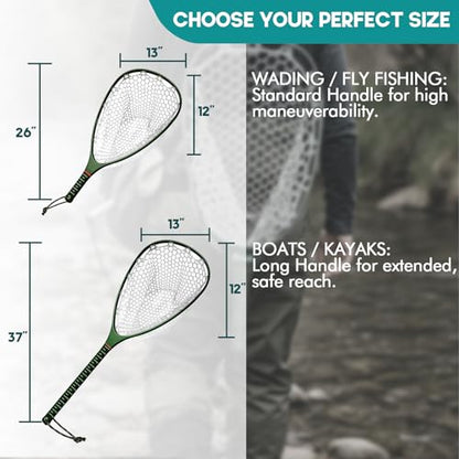 Riverruns Fly Fishing Landing Net Carbon Fiber Trout Net with Measurement Handle, Soft Rubber Mesh - 26" Standard (Wading) / 37" Long (Kayak) - color: 37" Kayak Net (Long) - Green Carbon