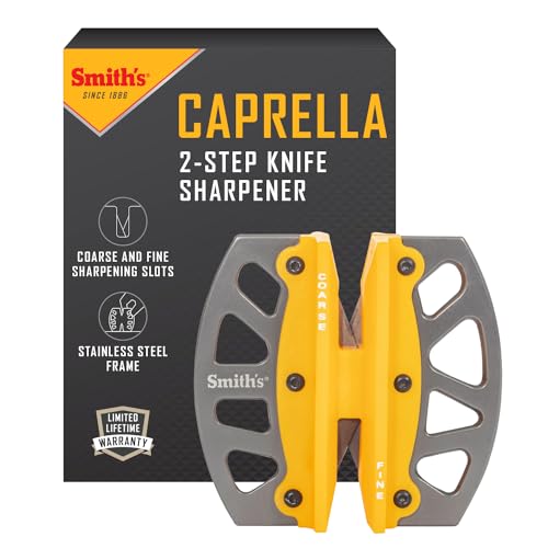 Smith’s 51176 Stainless Steel 2-Step Knife Sharpener | Yellow | Preset Coarse & Fine Slots | Outdoor Handheld Knife Sharpener | Fishing, Hunting, Filet, Pocket Knives | Portable Compact Keychain Tool - color: Yellow, style: 51176