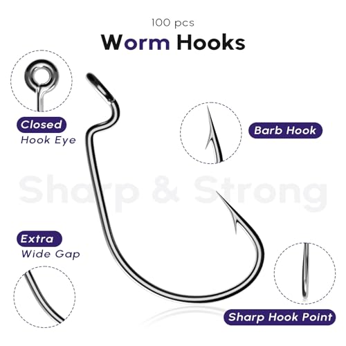 100Pack Fishing Hooks Worm Hooks Carbon Steel for Saltwater Freshwater Bass Trout Fish Hooks - size: 2/0