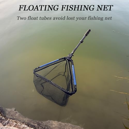 Tripquips Upgraded Foldable Floating Fishing Net, Rubber Coated Foldable Landing Net with Telescoping Pole Handle, Fishing Gear and Gifts for Men