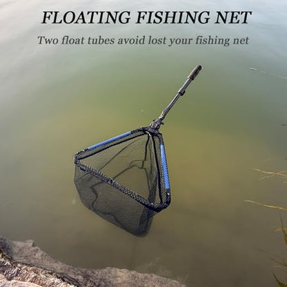 Tripquips Upgraded Foldable Floating Fishing Net, Rubber Coated Foldable Landing Net with Telescoping Pole Handle, Fishing Gear and Gifts for Men