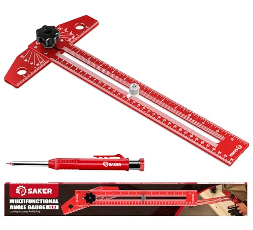 Saker Woodworking Scriber Marking Line Ruler, Adjustable Aluminum Alloy Sliding T-Square Ruler,Precision Line Drawing aid Ruler with Angle Adjustment Scale - color: Red