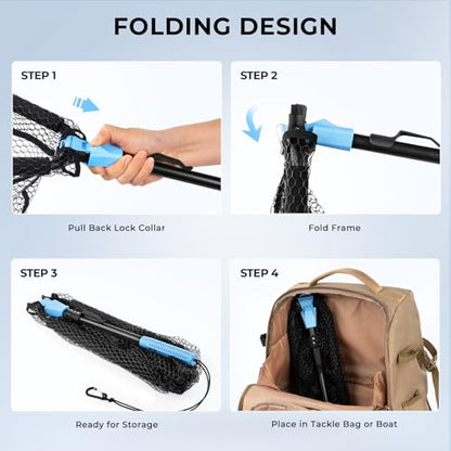 Calamus Triangle Fishing Net, Foldable, Lightweight & Strong Landing Net with Non-Slip Elastomer Handle, Built-in Elastic Lanyard and Belt Clip, Fishing Gear - Gift for Men - style: 31" Full - Floating Net (Fixed Pole)