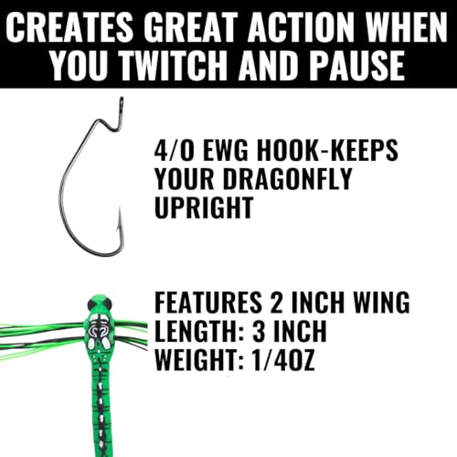 Lunkerhunt Dragonfly Lure | Most Realistic Topwater Insect Fishing Lures for Bass, Double Skirted Wings, Perfect Trouth and Pike Lure, Weedless Bait with Hooks for Outdoor Fishing Tools