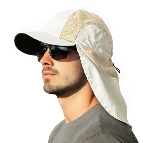 Mens Sun Hat with Breathable Mesh Sun Hats for Men Sun Protection Fishing Hat with Neck Flap for Hiking Cycling - color: Beige