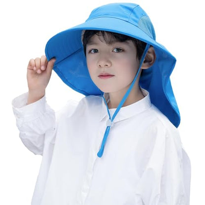 Rosoz Kids Sun Hat with Neck Flap UV Protection Summer Toddler Beach Hat Unisex Ponytail Hat Wide Brim Fishing Hat - color: 2pack-blue+pink