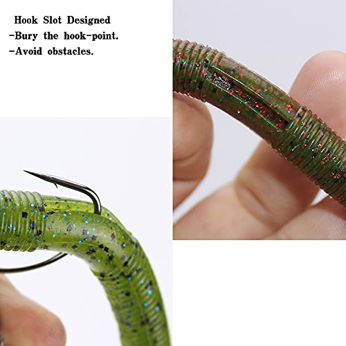 Soft Plastic Bass Fishing Lure 5.3" Senko Style Worms-Salt Impregnation, Ribbed Design Slow Sinking Swimbaits - color: 05-Watermelon cream