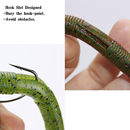 Soft Plastic Bass Fishing Lure 5.3" Senko Style Worms-Salt Impregnation, Ribbed Design Slow Sinking Swimbaits - color: 06-Gun power lead