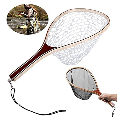 Fish Net Fly Fishing Landing Net Wooden Handle Rubber/Nylon Landing Handle Trout Mesh Fish Catch Release Scoop Fishing Tool Dip Net (Color : Nylon) - color: Nylon