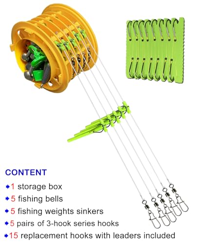 Abrasion Resistant Braided Fishing Lines with 3 Hooks and Stainless Steel Snap Connect, Anti-Tangle Tandem Fishing Hooks with Organizer, 5 Sets of Hooks with Storage Box