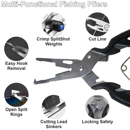 5" Fishing Pliers Scissors with Safety Lock and Anti Loss Rope | Multi-Function Curved Nose Hook Remover, Line Cutter & Open Ring Pliers; Rustproof for Saltwater and Freshwater Use