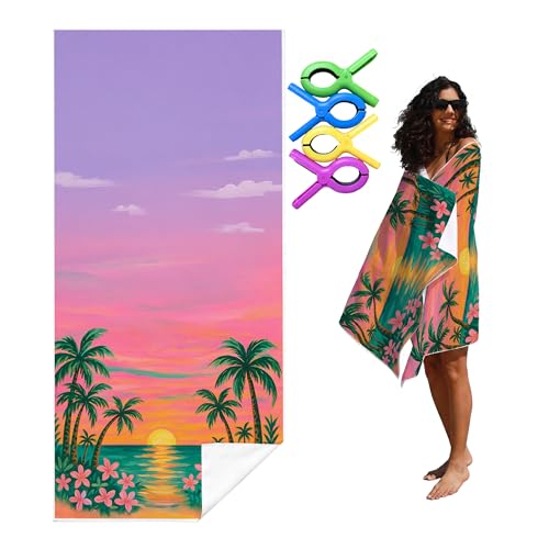 Tropical Summer Beach Towel with Clips Set - Coastal Seaside Sunset Wildflower Palm Tree Large Sand Free Towel 30x60 Inch for Beach Camping Swim Pool Gym Sports & Yoga - color: Btowels05
